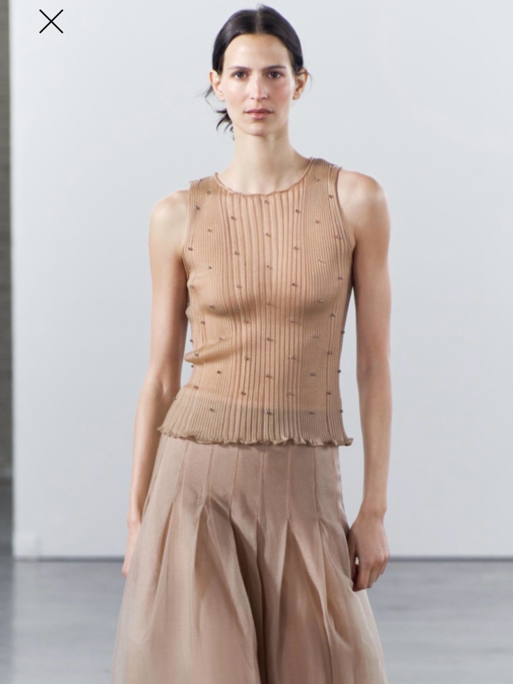 Zara Beaded Ribbed Tank Top - Tan